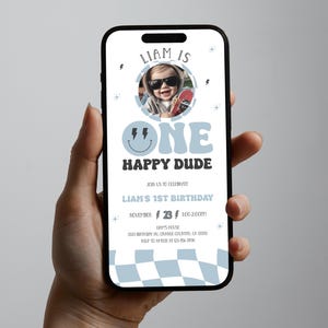 One Happy Dude Photo Invitation,  Editable One happy dude Text Message Invitation, Smile Face Phone Invitation, Smile Face Corjl 159 OHD2