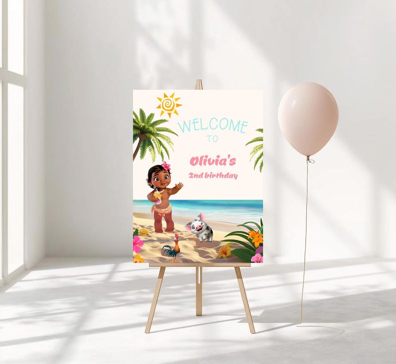 May include: A rectangular welcome sign on a wooden easel featuring a cartoon girl, a pig, and a rooster on a beach. The text reads "WELCOME TO Olivia's 2nd birthday" in pink and blue. A pale pink balloon is tied to the side of the easel.