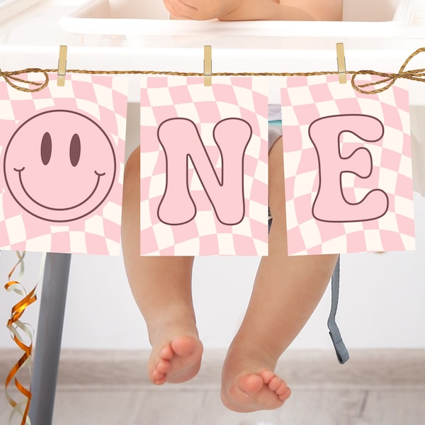 One Happy Girl High Chair Banner, Smile Face 1st Birthday High Chair banner Banner, Checkered High Chair Banner, Happy Babe, Corjl 53 OHG1