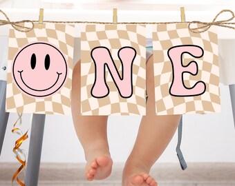 One Happy Girl High Chair Banner, Smile Face 1st Birthday High Chair Banner Smiley Pale Pink and Black letters Banner Instant Download
