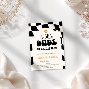 Little Dude babyshower uitnodigingsbundel zwart geruite uitnodiging retro set 109 ALD1 afbeelding 20
