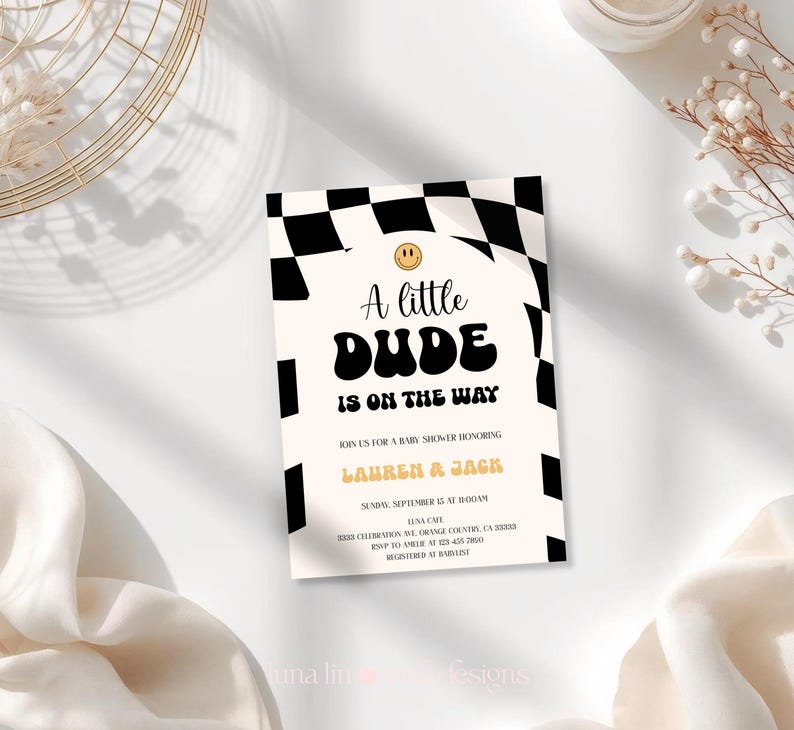Little Dude babyshower uitnodigingsbundel zwart geruite uitnodiging retro set 109 ALD1 afbeelding 20