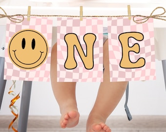 One Happy Girl High Chair Banner Smile Face High Chair Banner Instant Download Pink Checkered