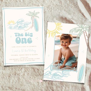 Invito "The Big One", invito per il primo compleanno in spiaggia, invito per il primo compleanno "Wave", invito per il compleanno in stile surf moderno corjl 240 TBO2