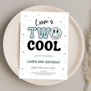 Two Cool Birthday Invitation, Smiley face Birthday Invite, 2nd Birthday Invitation Boy, Modern Happy Face Invite, Editable Two Cool Invite