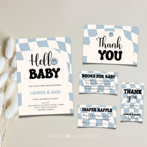 Invitación de Hello Baby, paquete de baby shower de Hello Baby, invitación editable para baby shower con cara sonriente, tarjeta de rifa de pañales con cara sonriente Corjl 59