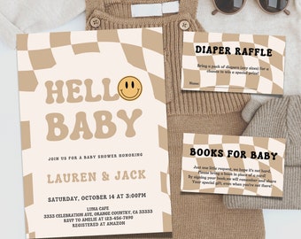 Hello BaBy Invitation Smile Face Checkered Baby Shower Invitation Smiley Baby Shower Invitation Editable Printable