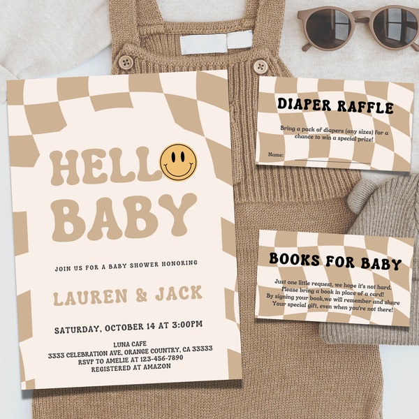 Hello BaBy Invitation Smile Face Checkered Baby Shower Invitation Smiley Baby Shower Invitation Editable Printable