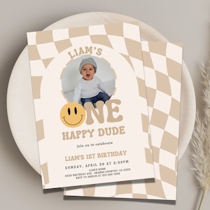 One Happy Dude Invitation, Checkered 1st Birthday Invitation, Smile Face 1st birthday Invitation, Custom One Happy Dude Photo Invite