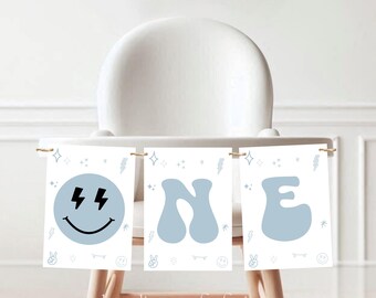 One Happy Dude High Chair Banner, Blue Checkered 1st Birthday Decor, 254 OHD1