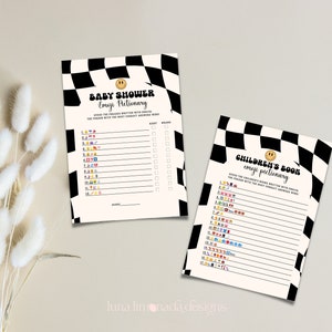 May include: Two printable baby shower game cards with a black and white checkered background. The cards feature the text "Baby Shower Emoji Pictionary" and "Children's Book Emoji Pictionary". Each card has a list of emoji and blank lines for players to write down their guesses.