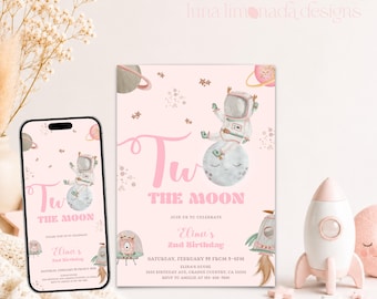 Two The Moon 2nd Birthday Invitation: Girl Astronaut, Outer Space (Corjl Template) Corjl 50