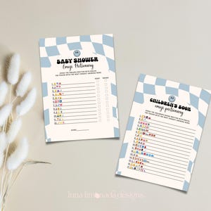 May include: Two printable game cards with a blue and white checkered background. The cards are for a baby shower and feature emoji pictionary games. The first card has the title "Baby Shower Emoji Pictionary" and the second card has the title "Children's Book Emoji Pictionary".