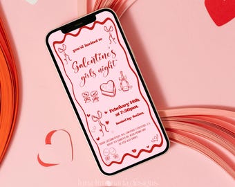 Bearbeitbare Galentine's Girls Night Einladung: Rosa & rote Schleife (Corjl Template) 193
