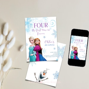 Frozen 4th Birthday Invitation, Elsa Anna Invitation Template, Four The First Time In Forever Invitation,  4th Birthday Invitation, Corjl 97