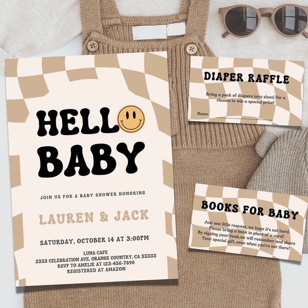 Smile Face Baby Shower Invitation Hello Baby Shower Invitation Checkered Baby Shower Invitation Books for Baby Diaper Raffle