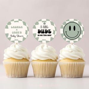 Little Dude Cupcake Toppers Sage Green Checkered Baby Shower Decor Editable 112 ALD3