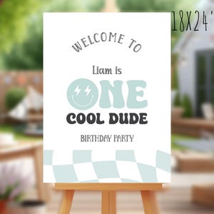 One Cool Dude-welkomstbord, welkomstbord met glimlach, bewerkbaar welkomstbord 1e verjaardag, Happy Dude blauw geblokt Corjl 150 OCD1
