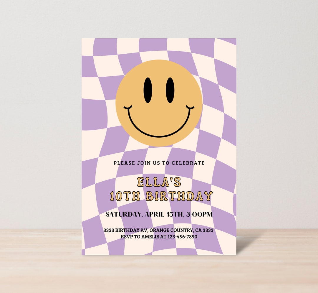Smiley Face Invitation, Smiley Birthday Invite, Pastel Purple Checkered