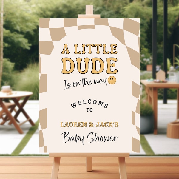 A Little Dude Is On The Way Baby Shower Welcome Sign, Dude Baby Shower Invitation, Checkered Baby Shower Welcome Sign