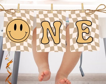 One Happy Dude Checkered High Chair Banner 1st birthday Banner, Smiley High Chair Banner Instant Download Brown