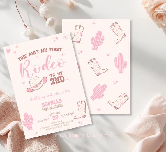 2nd Birthday Rodeo Invitation  | Editable Pastel Pink Cowgirl Invite 52 R2