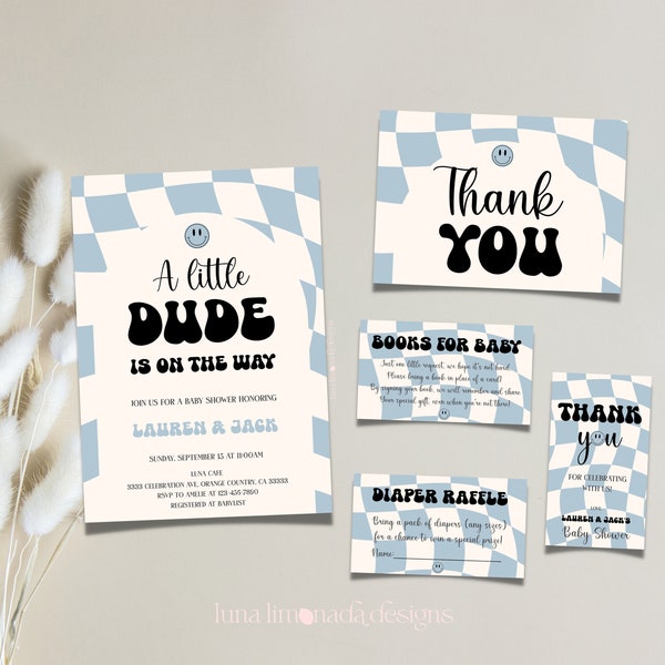 A Little Dude Is On The Way Baby Shower Bundle Dude Baby Shower Invitation Checkered Baby Shower Invite Books for Baby Corjl 5 ALD1