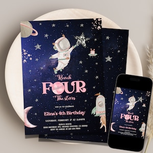Reach Four The Stars Birthday Invitation, Editable 4th Birthday Invitation, Girl Astronaut Birthday Invitation, Corjl 17