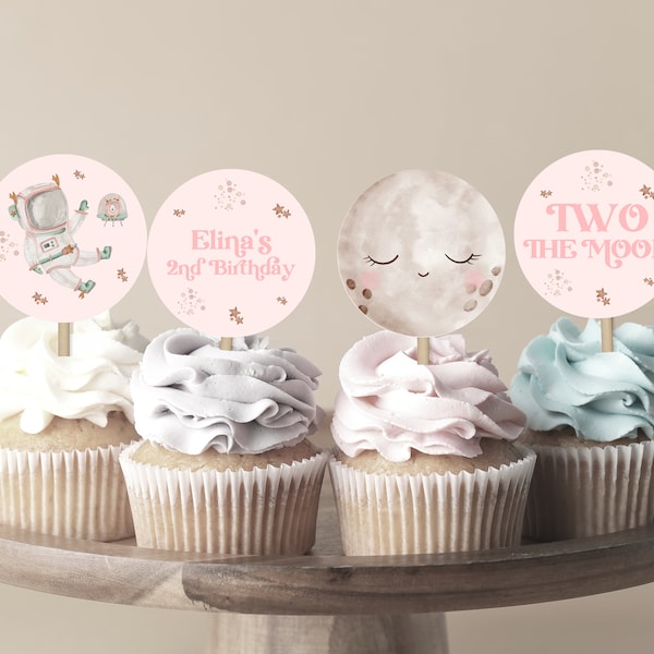 Two the Moon Birthday Cupcake Toppers, 2nd Birthday Cupcake Toppers, Space 2nd Birthday Cupcake Toppers, Pale Pink Cupcake Toppers Printable