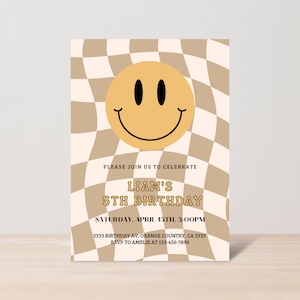 Smiley face 5th Birthday Invitation, Kids Birthday Invite, Beige Checkered Invite, 5th, 6th, 7th, 8th, 9th, 10th, 4th, 12th, Editable Invite