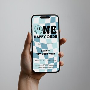 One Happy Dude Birthday Text Invitation Editable 1st Birthday Electronic Invitation Smiley Face Birthday Smartphone Invite