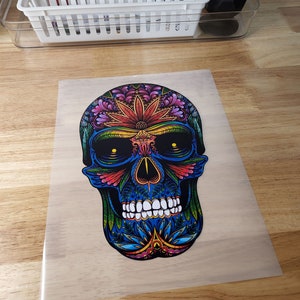 May include: A colorful skull with floral designs in shades of blue, red, yellow, and green. The skull is outlined in black and has a detailed design.