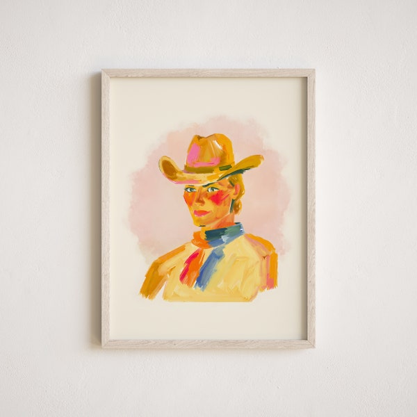 Colorful Abstract Cowgirl Illustration, Mid Century Western Painting, Trendy Retro Cowgirl Art, Digital Download, Multiple Sizes Included