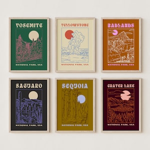Set of Six National Park Digital Art Prints, Retro U.S. Travel Poster Collection, Western Landscape Illustrations, Affordable Gallery Set