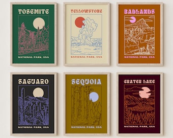 Set of Six National Park Digital Art Prints, Retro U.S. Travel Poster Collection, Western Landscape Illustrations, Affordable Gallery Set