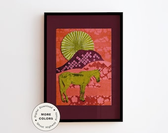 Surreal Desert Landscape Art Print with Wild Horse at Sunrise, Abstract Western Folk Art, Eclectic & Whimsical Wall Decor | Digital Download