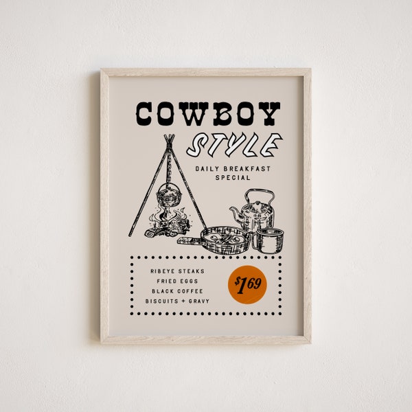 Cowboy Breakfast Digital Art Print, Retro Western Typography Poster, Mid Century Modern Kitchen & Dining Wall Decor, Multiple Sizes Included