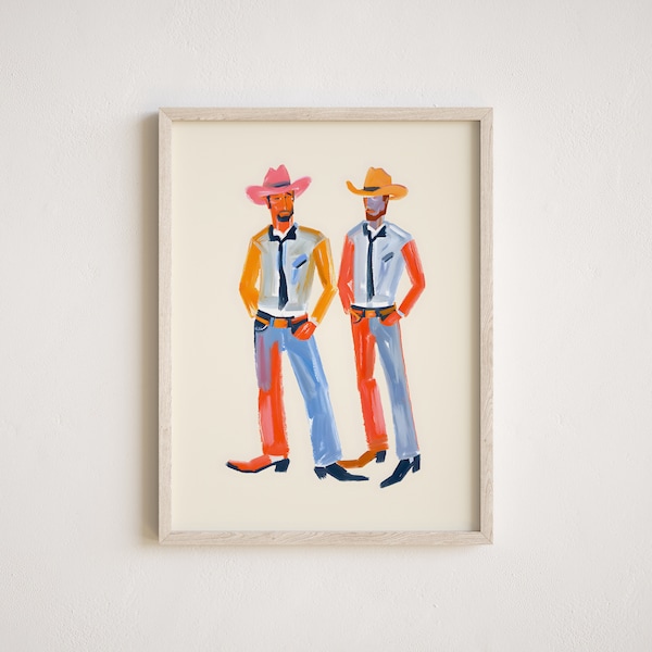 Twin Cowboys Digital Art Print, Vintage Mid Century Modern Cowboy Illustration, Minimalist Western Wall Decor, Multiple Sizes Included