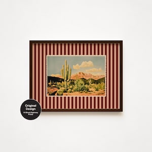 Retro Desert Landscape Postcard Digital Art Print, Eclectic Wall Decor, Bold Striped Mixed Media Collage, Maximalist Aesthetic Home Decor