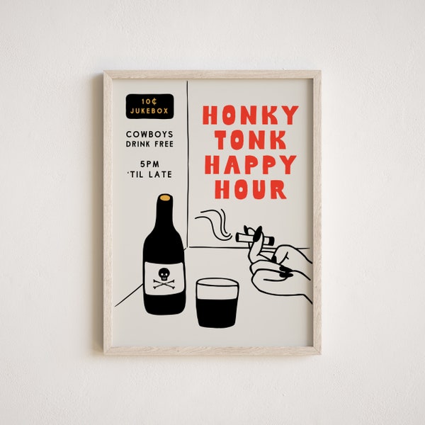 Honky Tonk Happy Hour Art Print, Funny Western Honky Tonk Illustration, Western Bar Cart Decor, Digital Download, Multiple Sizes Included