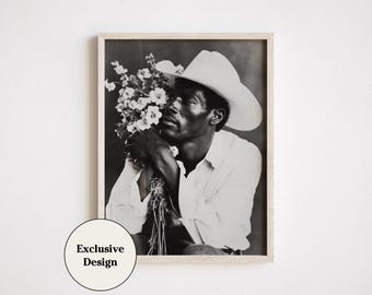 Cowboy + Blumen Digitaler Kunstdruck, zeitgenössische westliche Fotografie, schwarzes Cowboy-Porträt, Eklektische Wanddekoration, rustikale Volkskunst-Druck