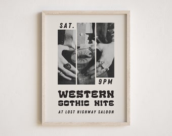 Western Gothic Nite Show Poster, Retro Typography Art Print, Dark Western Esthetische Muurkunst, Digitale Download, Meerdere maten inbegrepen