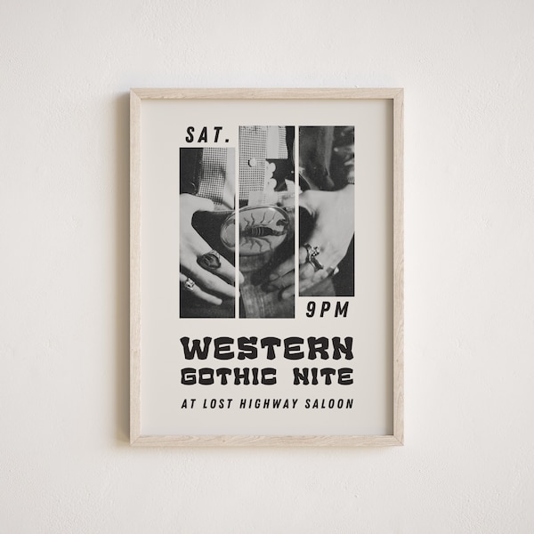 Western Gothic Nite Show Poster, Retro Typography Art Print, Dark Western Aesthetic Wall Art, Digital Download, Multiple Sizes Included