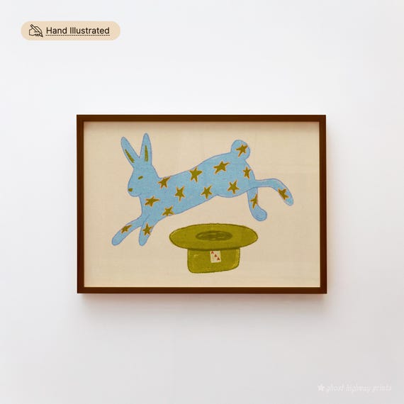 Hat Trick Whimsical Hand-Illustrated Bunny Art Print | Digital Download