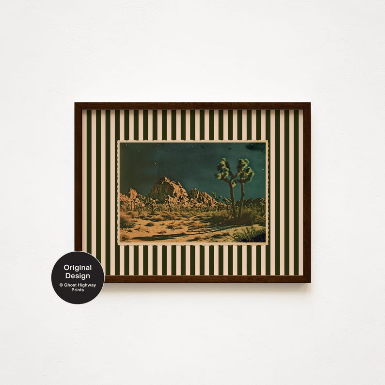 This digital wall art print features a vintage-style postcard illustration of Joshua Tree National Park under a moody night sky.