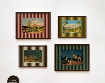 May include: Four framed prints with a striped border. Each print features a different desert landscape scene. The top left print shows a tall cactus and mountains in the distance. The top right print shows a group of palm trees and a mountain in the distance. The bottom left print shows a desert scene at night with a starry sky. The bottom right print shows a cowboy sitting by a campfire with a horse standing nearby.
