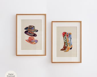 Set of Two Abstract Western Art Prints, Colorful Cowboy Hat & Boots Gallery Wall Collection, Eclectic Home Decor | Digital Download