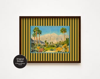 Vintage Palm Springs Postcard Digital Art Print, Eclectic Wall Decor, Colorful Striped Mixed Media Collage, Maximalist Aesthetic Home Decor