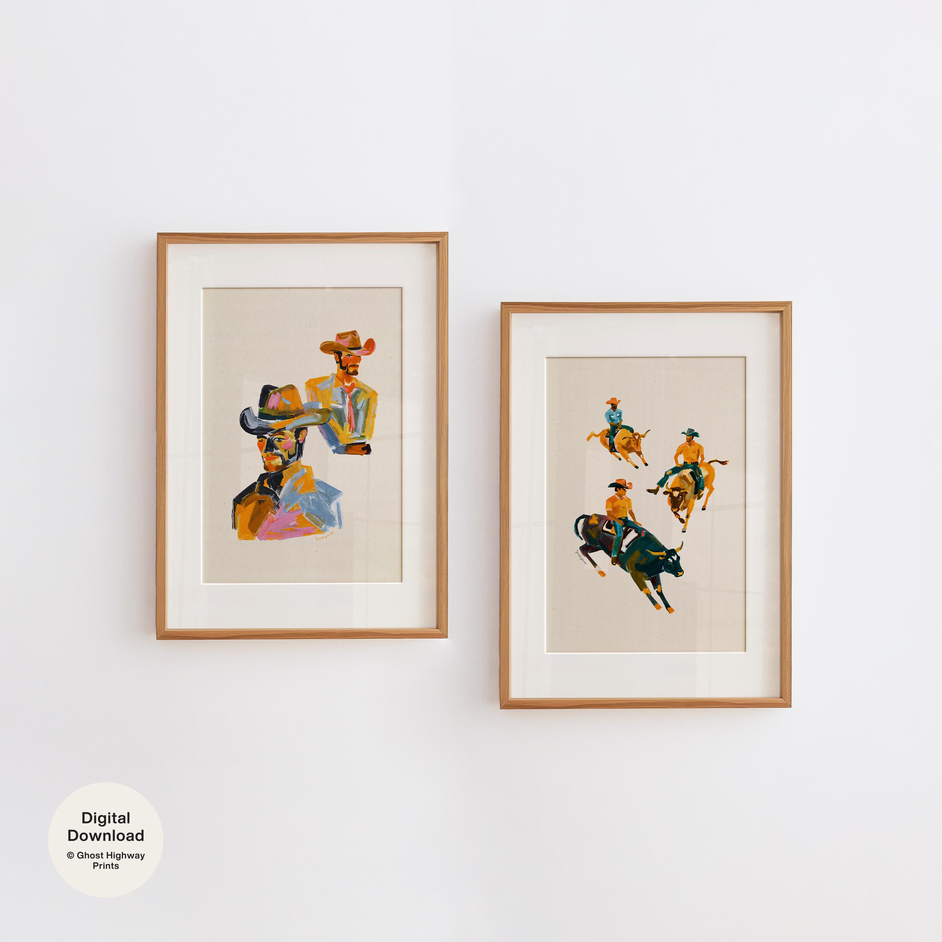 Set of Two Abstract Western Art Prints, Colorful Cowboy Rodeo ...