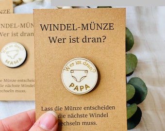 Windelmünze – Gravierte Holzmünze für frischgebackene Eltern